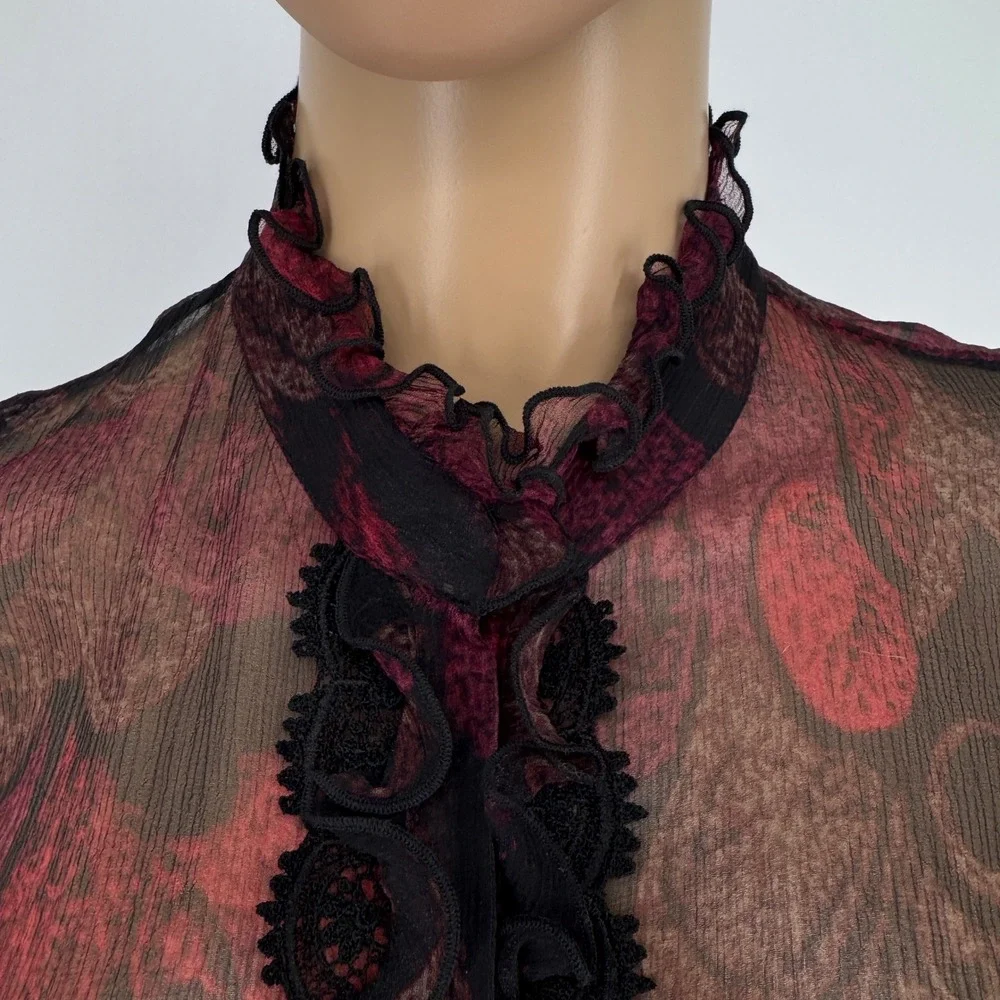 Tahari Women's Sz M Silk Sheer Ruffle Blouse Burgundy Black Victorian Gothic - Picture 14 of 16